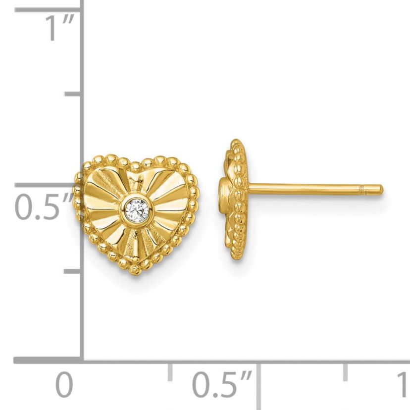 Sterling Silver Gold-tone Polished and Textured Cubic Zirconia Heart Post Earrings