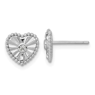 Luxury Giftware by Jere Sterling Silver Rhodium-plated Polished and Textured Cubic Zirconia Heart Post Earrings, White