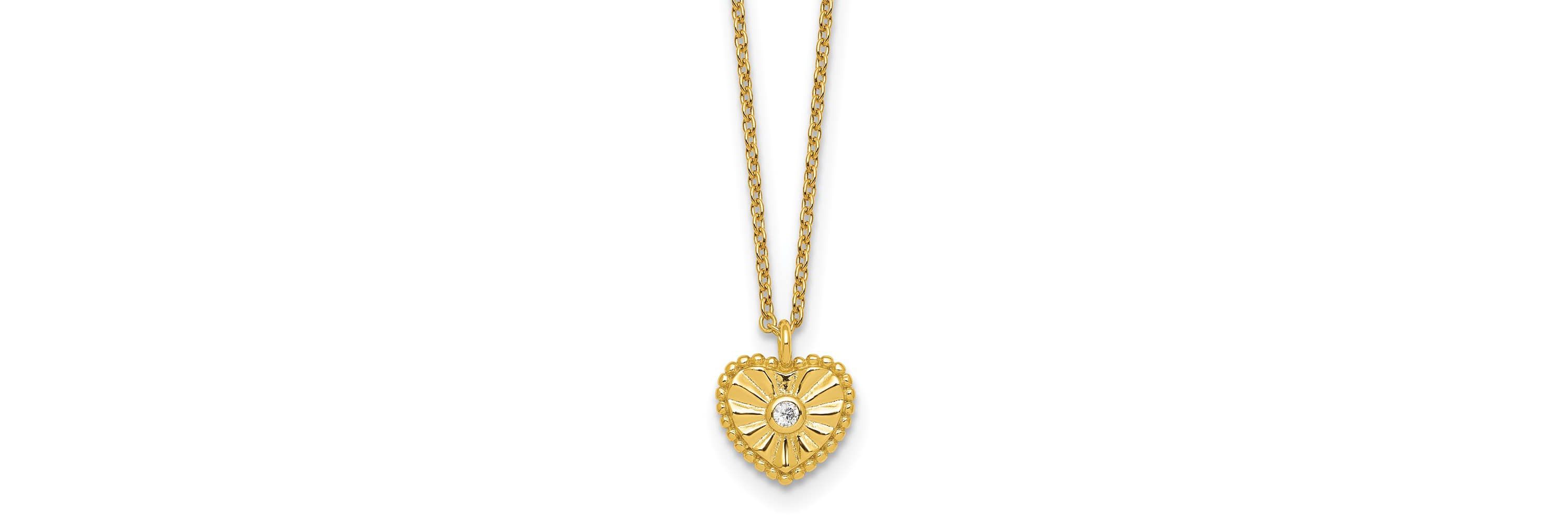 Sterling Silver Gold-tone Textured Cubic Zirconia Heart 16-inch with 2-inch Extension Necklace