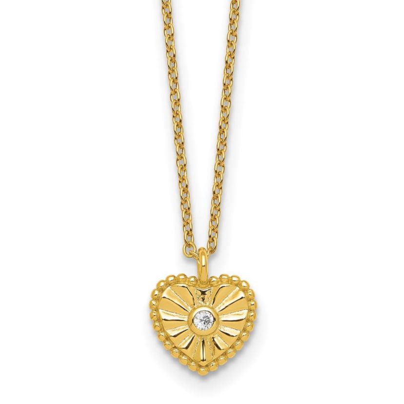 Sterling Silver Gold-tone Textured Cubic Zirconia Heart 16-inch with 2-inch Extension Necklace
