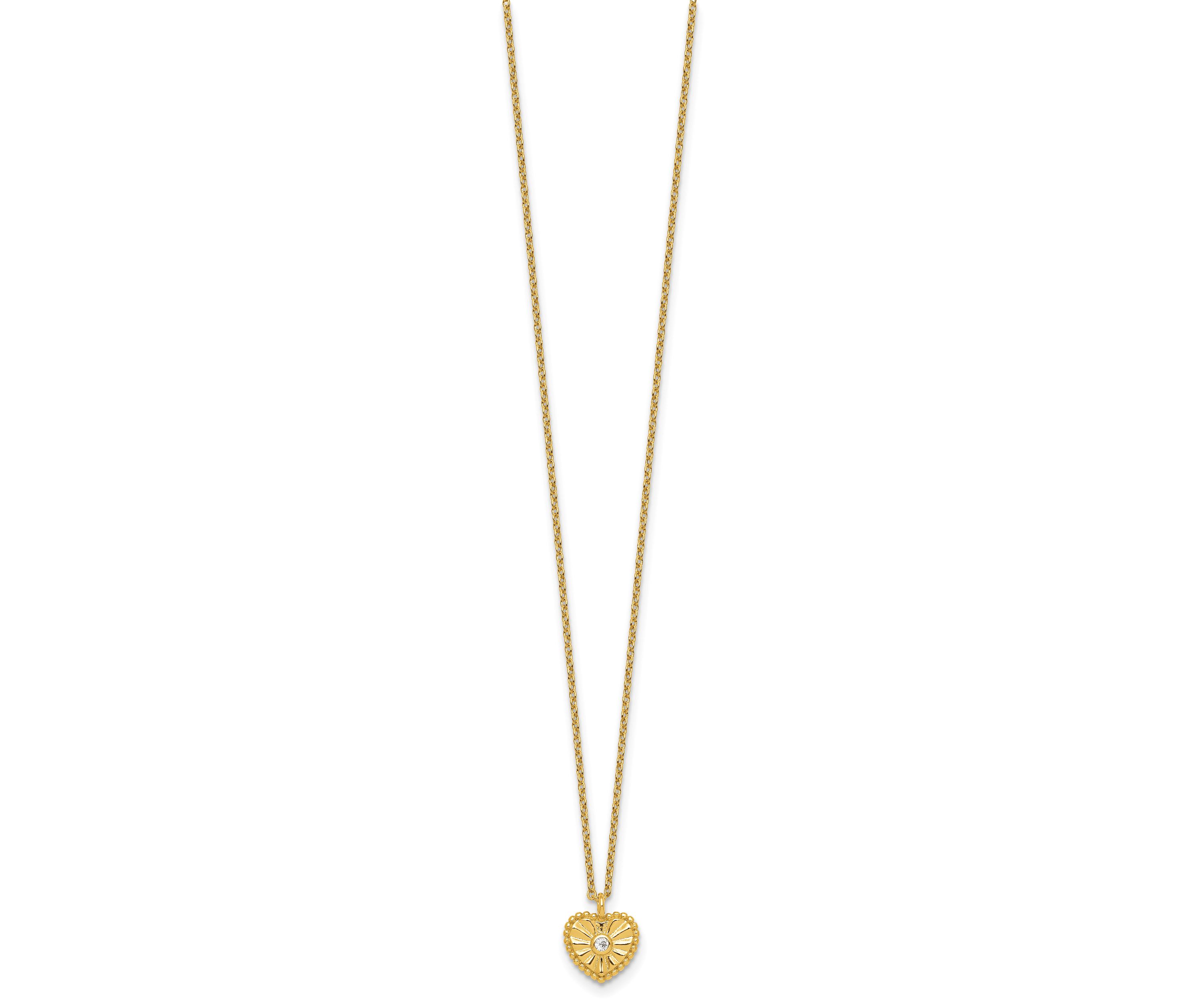 Sterling Silver Gold-tone Textured Cubic Zirconia Heart 16-inch with 2-inch Extension Necklace