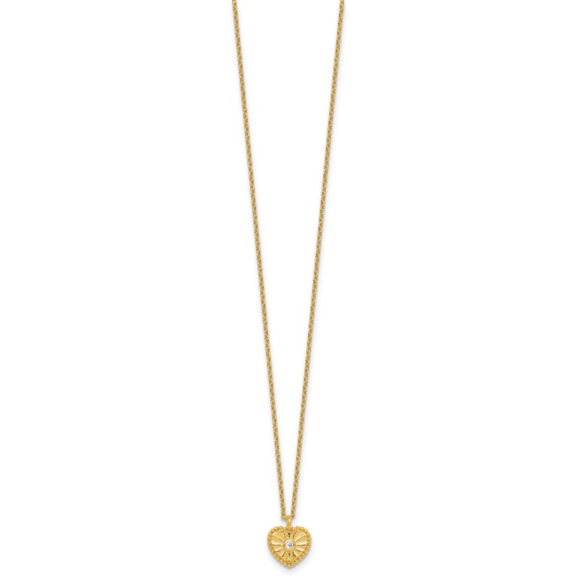 Sterling Silver Gold-tone Textured Cubic Zirconia Heart 16-inch with 2-inch Extension Necklace