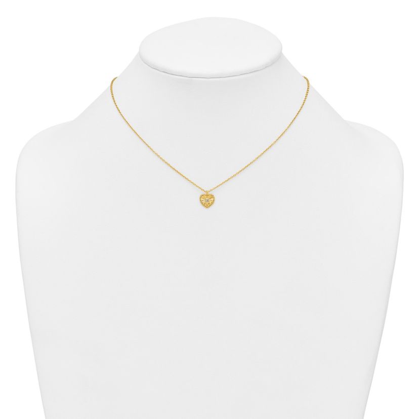 Sterling Silver Gold-tone Textured Cubic Zirconia Heart 16-inch with 2-inch Extension Necklace