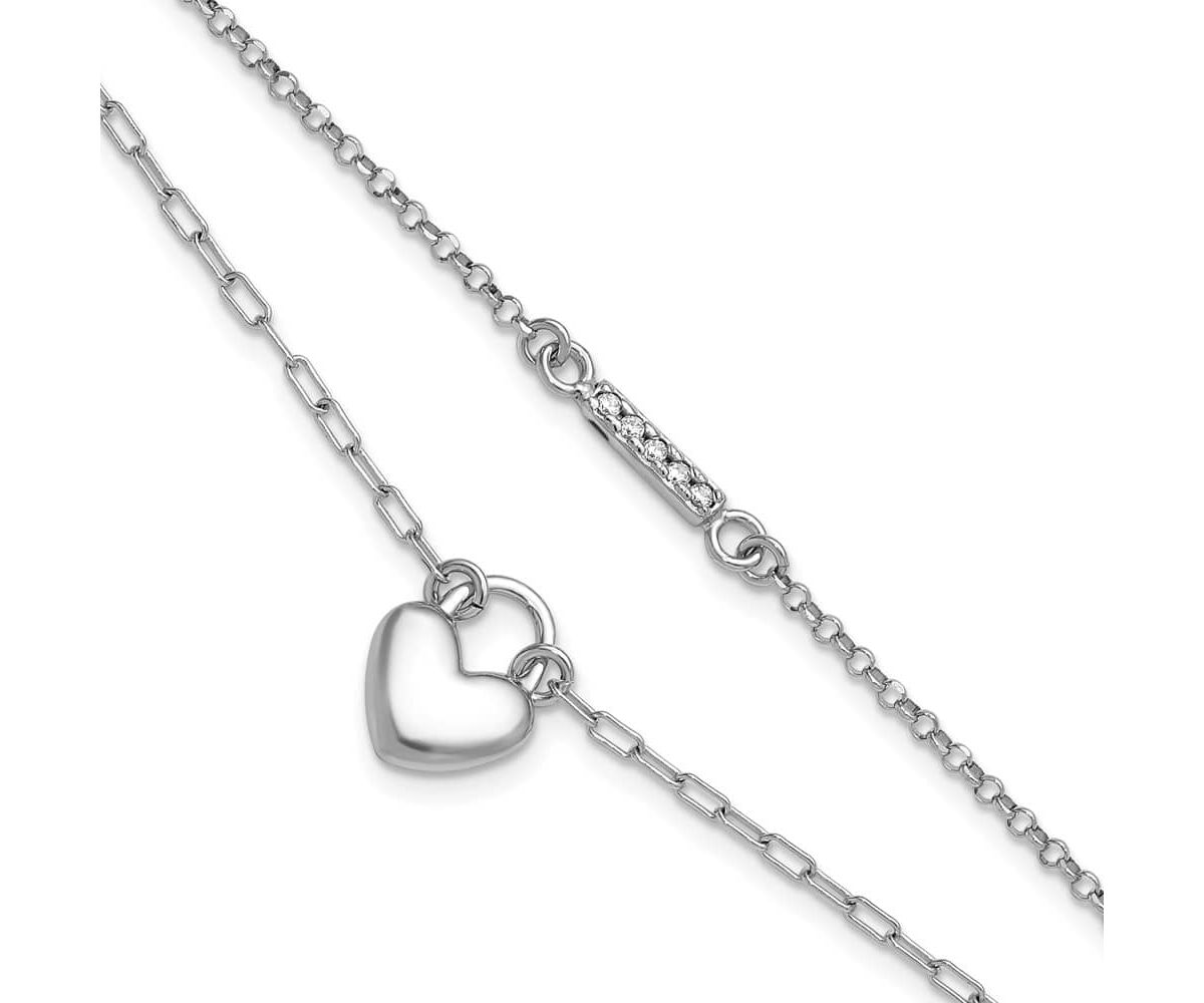 Sterling Silver Rhodium-plated Cubic Zirconia Puff Heart 7 with 1-inch Extension 2-strand Bracelet