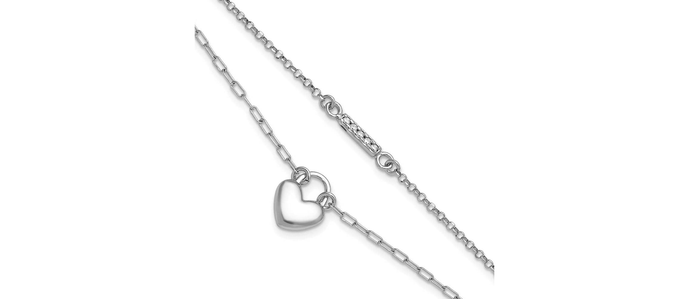 Sterling Silver Rhodium-plated Cubic Zirconia Puff Heart 7 with 1-inch Extension 2-strand Bracelet
