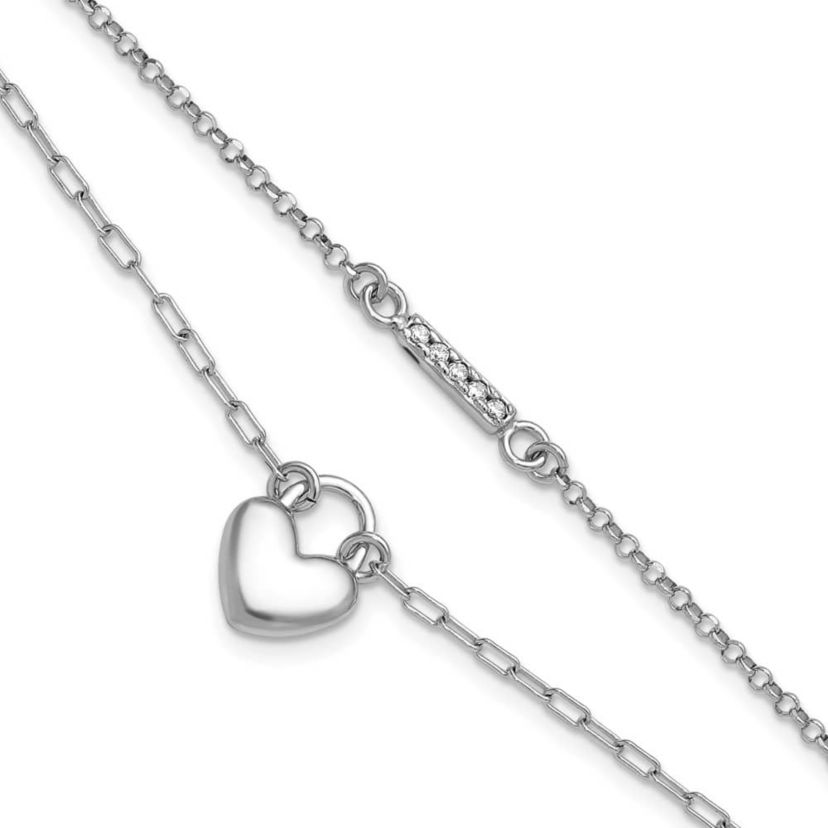 Sterling Silver Rhodium-plated Cubic Zirconia Puff Heart 7 with 1-inch Extension 2-strand Bracelet