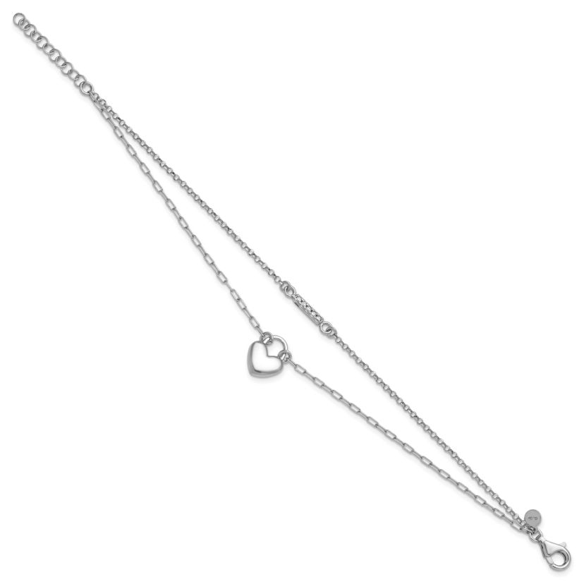 Sterling Silver Rhodium-plated Cubic Zirconia Puff Heart 7 with 1-inch Extension 2-strand Bracelet
