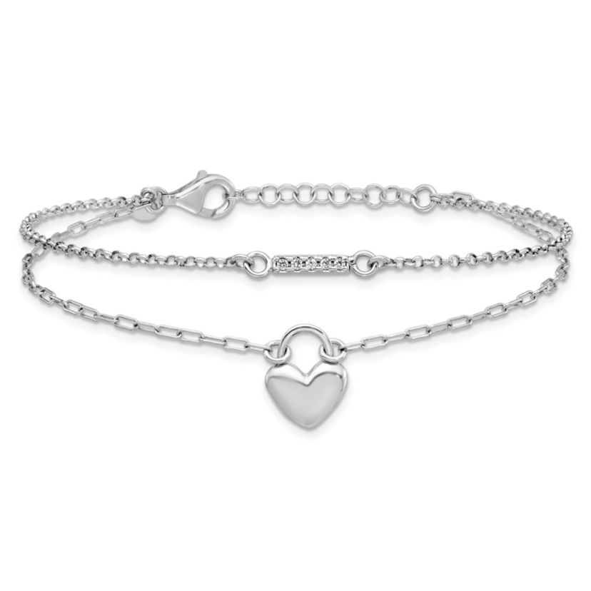 Sterling Silver Rhodium-plated Cubic Zirconia Puff Heart 7 with 1-inch Extension 2-strand Bracelet