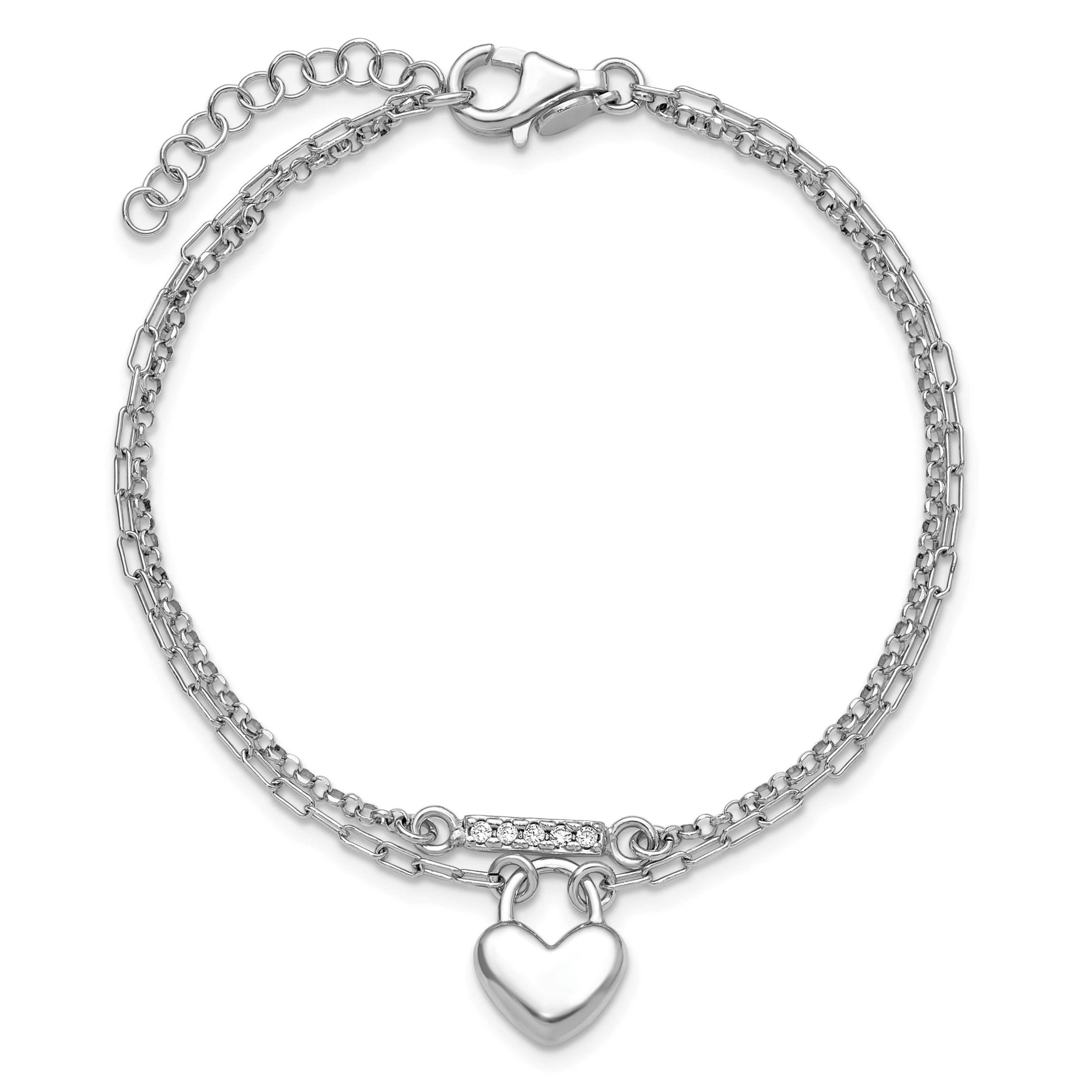 Sterling Silver Rhodium-plated Cubic Zirconia Puff Heart 7 with 1-inch Extension 2-strand Bracelet