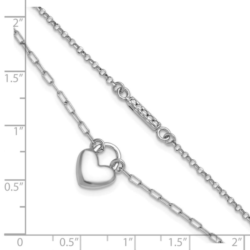 Sterling Silver Rhodium-plated Cubic Zirconia Puff Heart 7 with 1-inch Extension 2-strand Bracelet