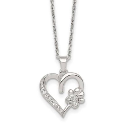 Luxury Giftware by Jere Sterling Silver Polished Cubic Zirconia Heart and Paw Necklace, White, 16 in