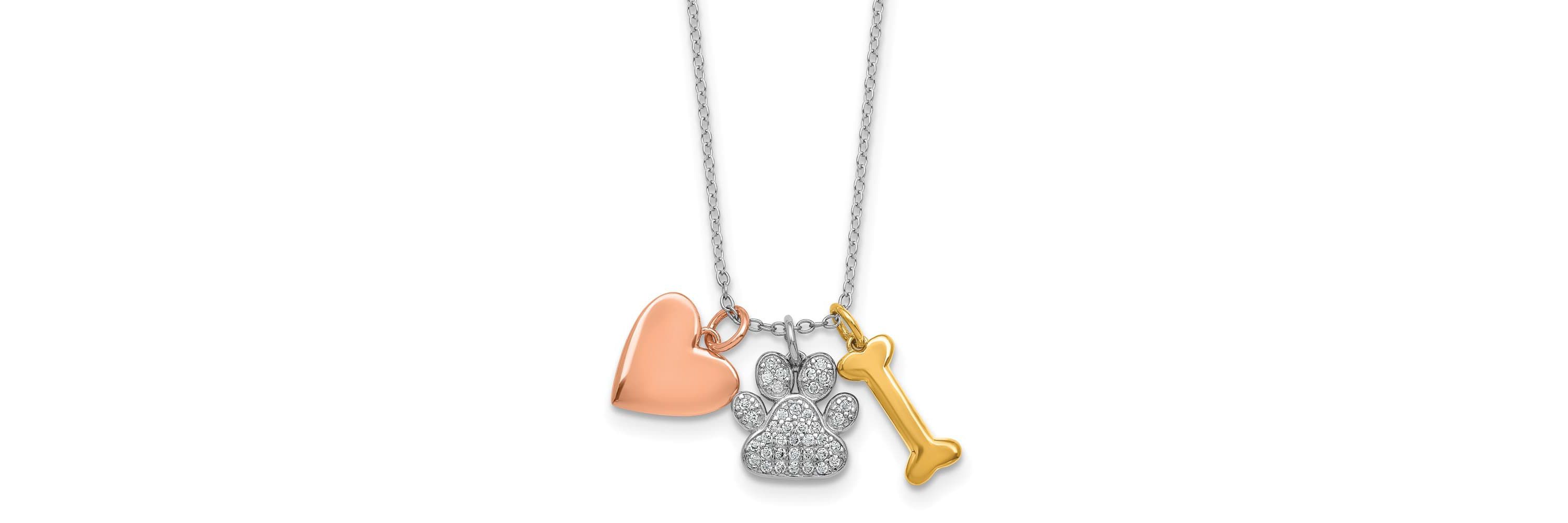 Sterling Silver with Rose and Gold-plated Cubic Zirconia Paw Heart Dog Bone 2-inch Extension Necklace