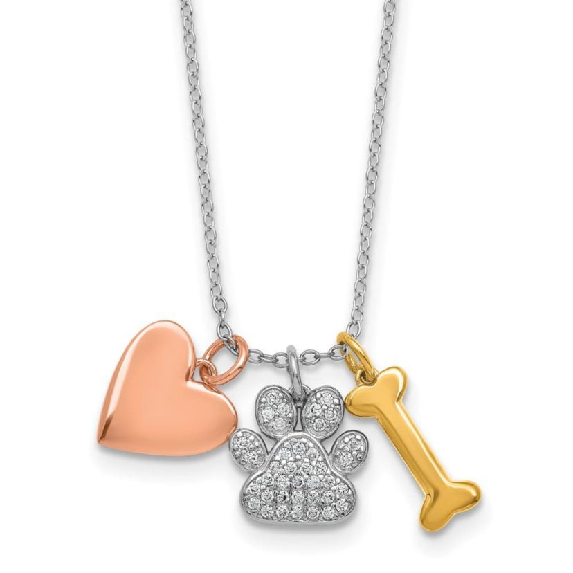 Sterling Silver with Rose and Gold-plated Cubic Zirconia Paw Heart Dog Bone 2-inch Extension Necklace