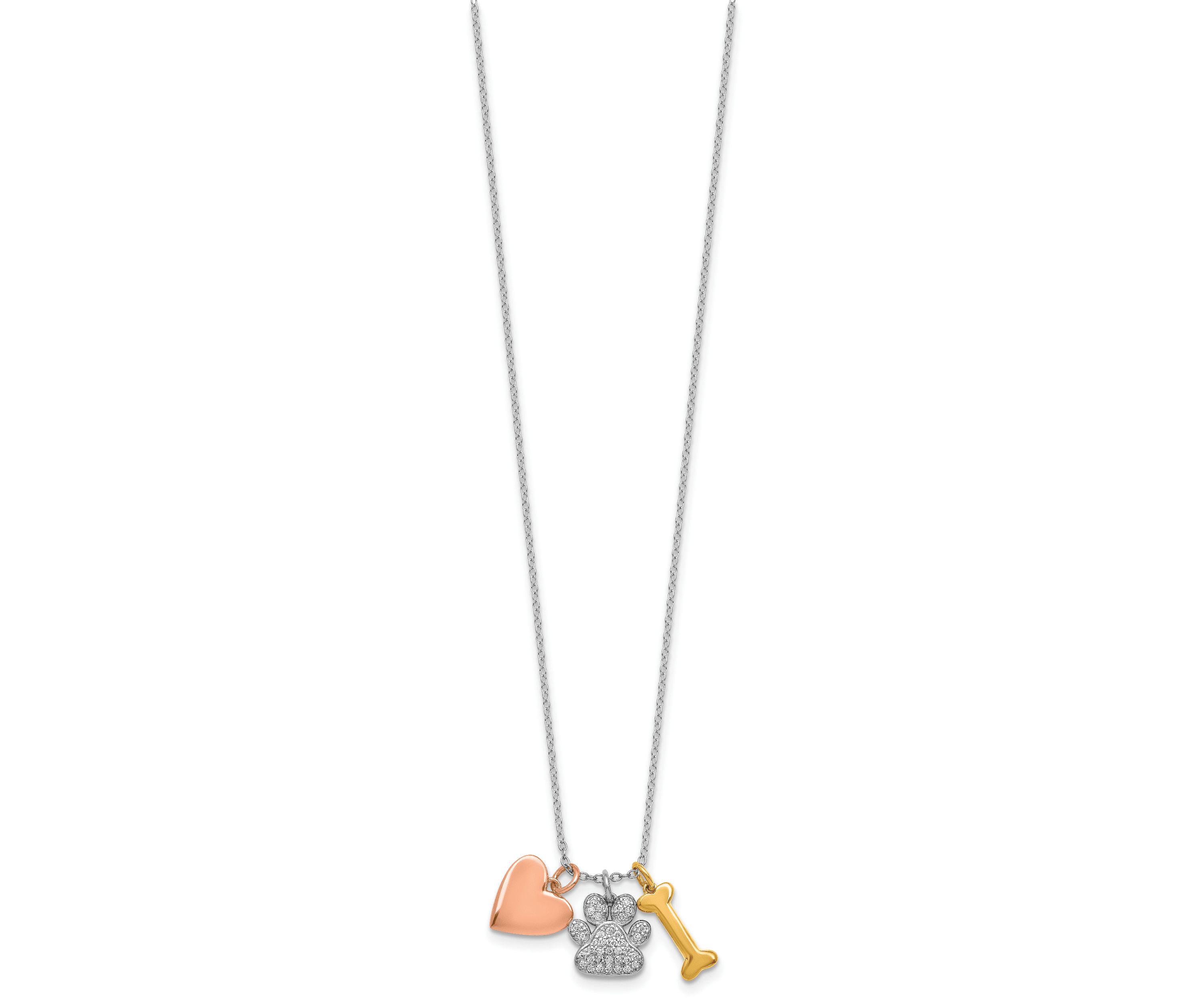 Sterling Silver with Rose and Gold-plated Cubic Zirconia Paw Heart Dog Bone 2-inch Extension Necklace