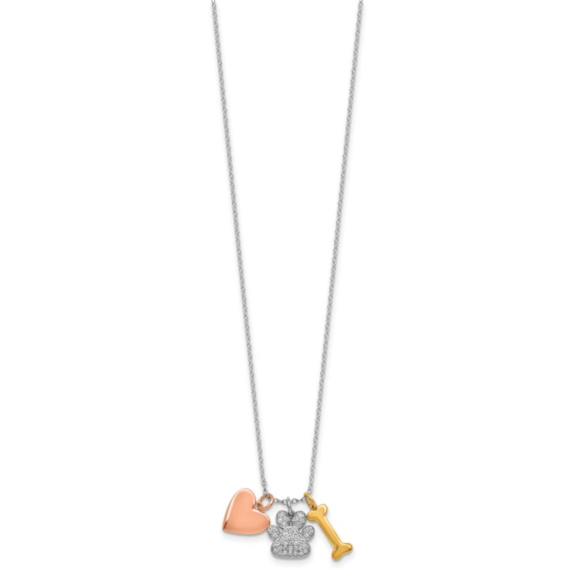 Sterling Silver with Rose and Gold-plated Cubic Zirconia Paw Heart Dog Bone 2-inch Extension Necklace