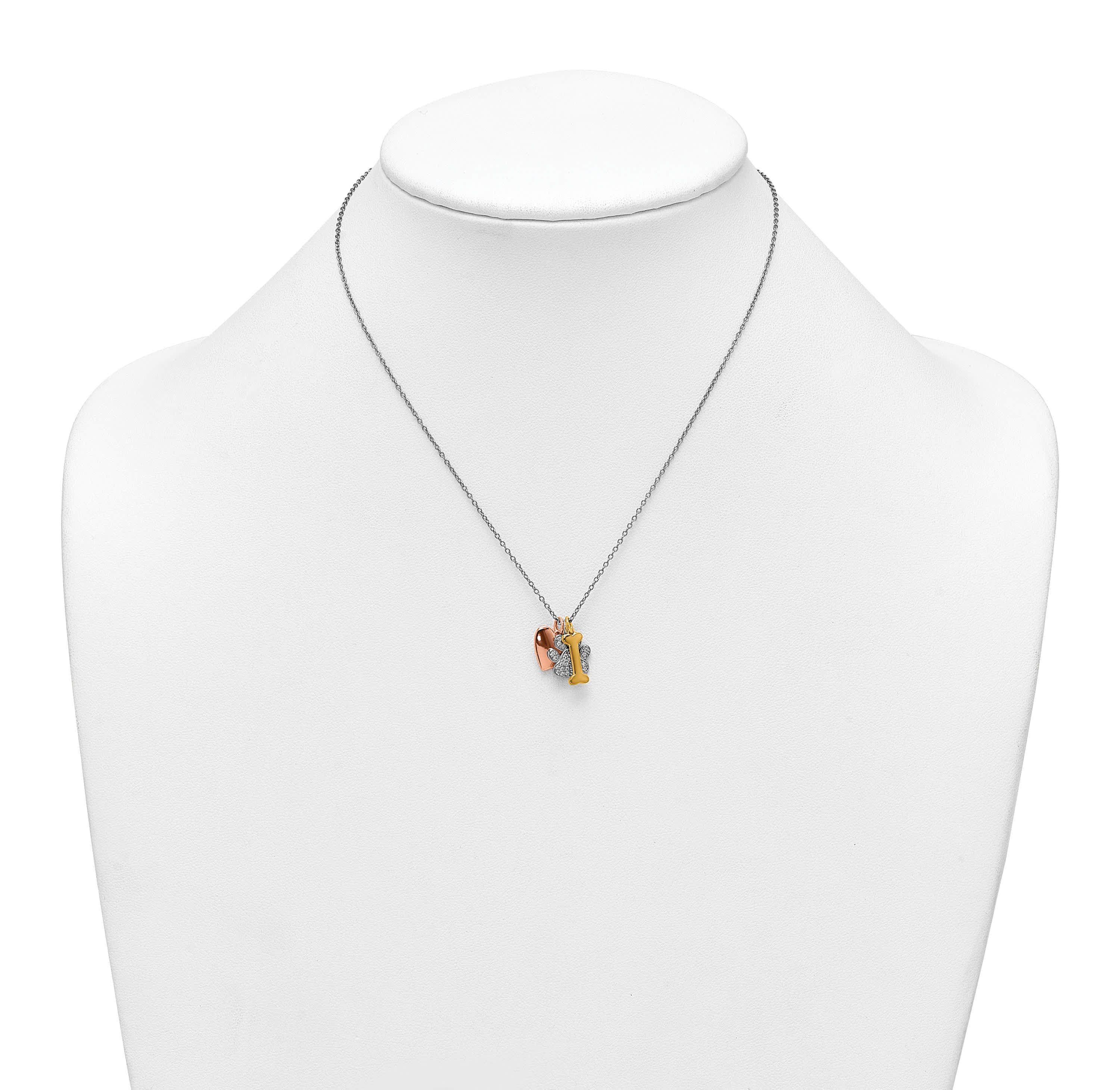 Sterling Silver with Rose and Gold-plated Cubic Zirconia Paw Heart Dog Bone 2-inch Extension Necklace