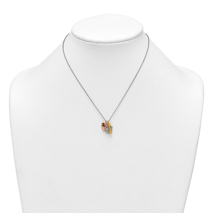 Sterling Silver with Rose and Gold-plated Cubic Zirconia Paw Heart Dog Bone 2-inch Extension Necklace