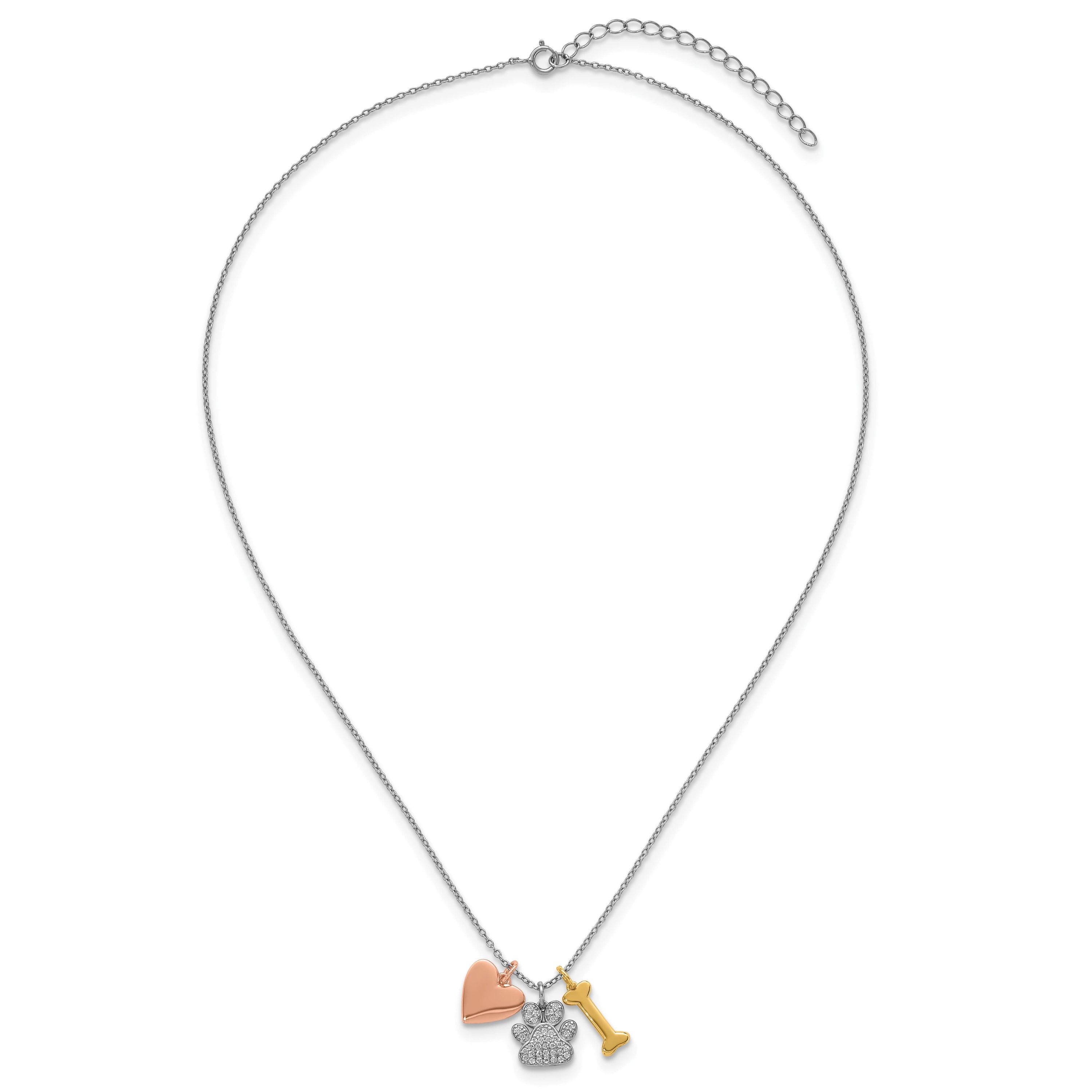 Sterling Silver with Rose and Gold-plated Cubic Zirconia Paw Heart Dog Bone 2-inch Extension Necklace