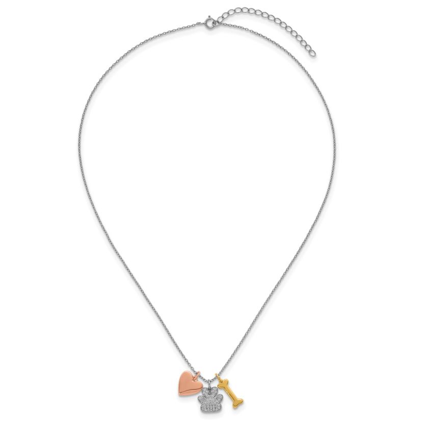 Sterling Silver with Rose and Gold-plated Cubic Zirconia Paw Heart Dog Bone 2-inch Extension Necklace