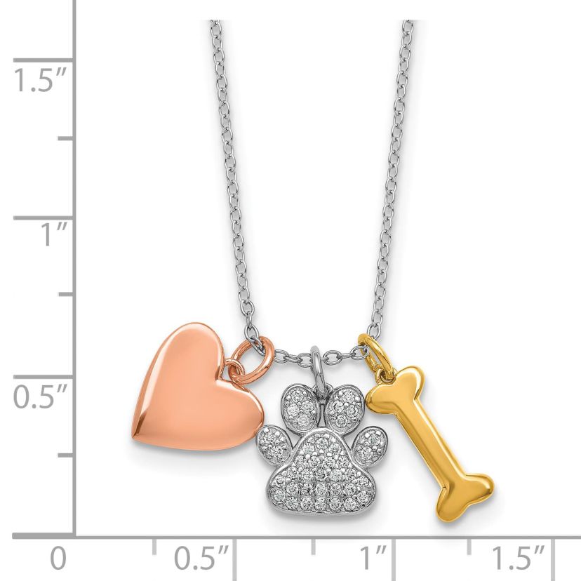 Sterling Silver with Rose and Gold-plated Cubic Zirconia Paw Heart Dog Bone 2-inch Extension Necklace