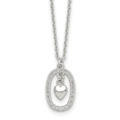 Luxury Giftware by Jere Sterling Silver Polished Cubic Zirconia Heart in Oval Necklace, White, 16 in