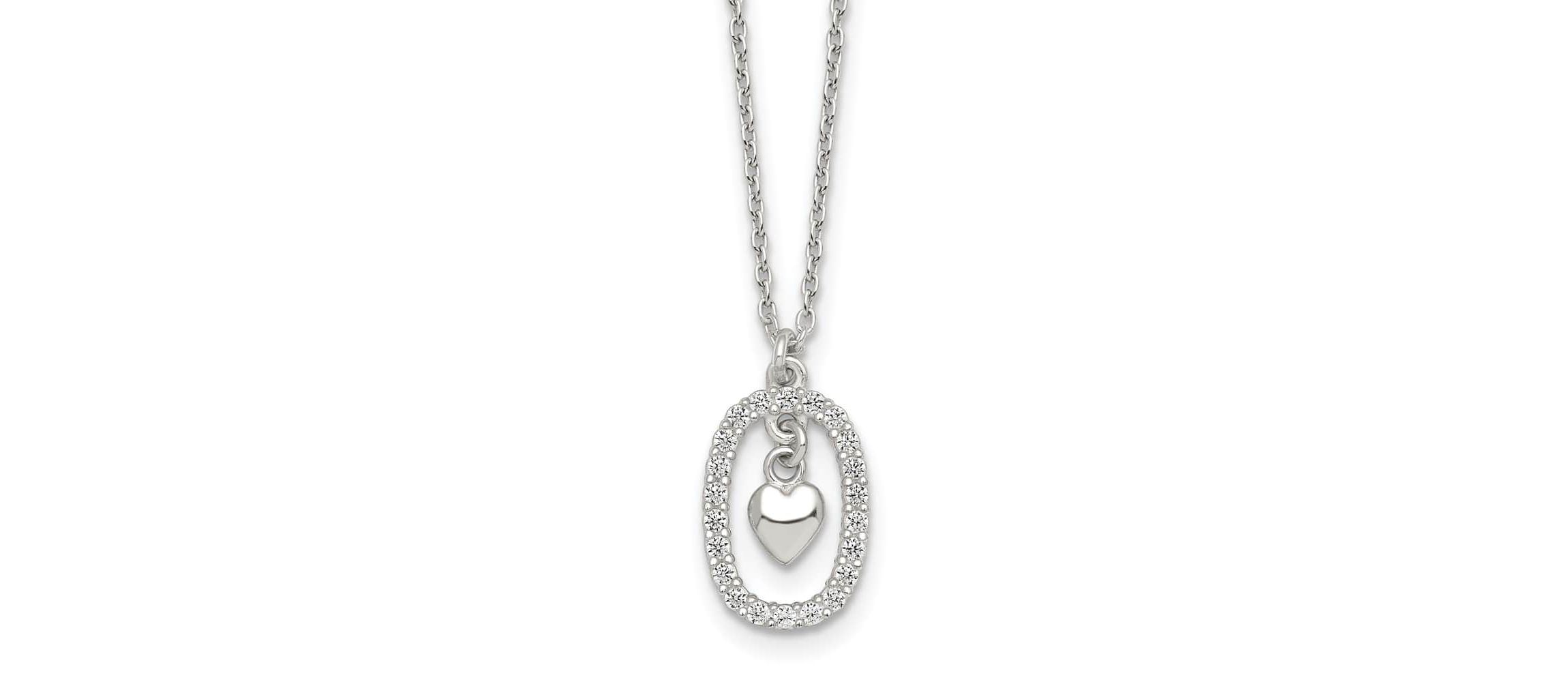Sterling Silver Polished Cubic Zirconia Heart in Oval Necklace