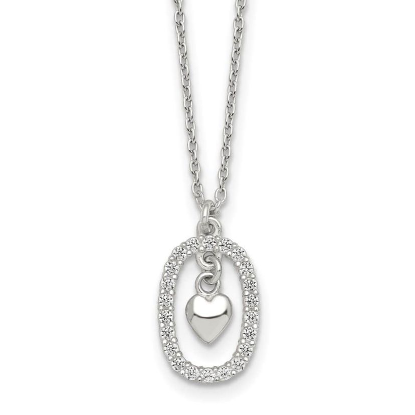 Sterling Silver Polished Cubic Zirconia Heart in Oval Necklace