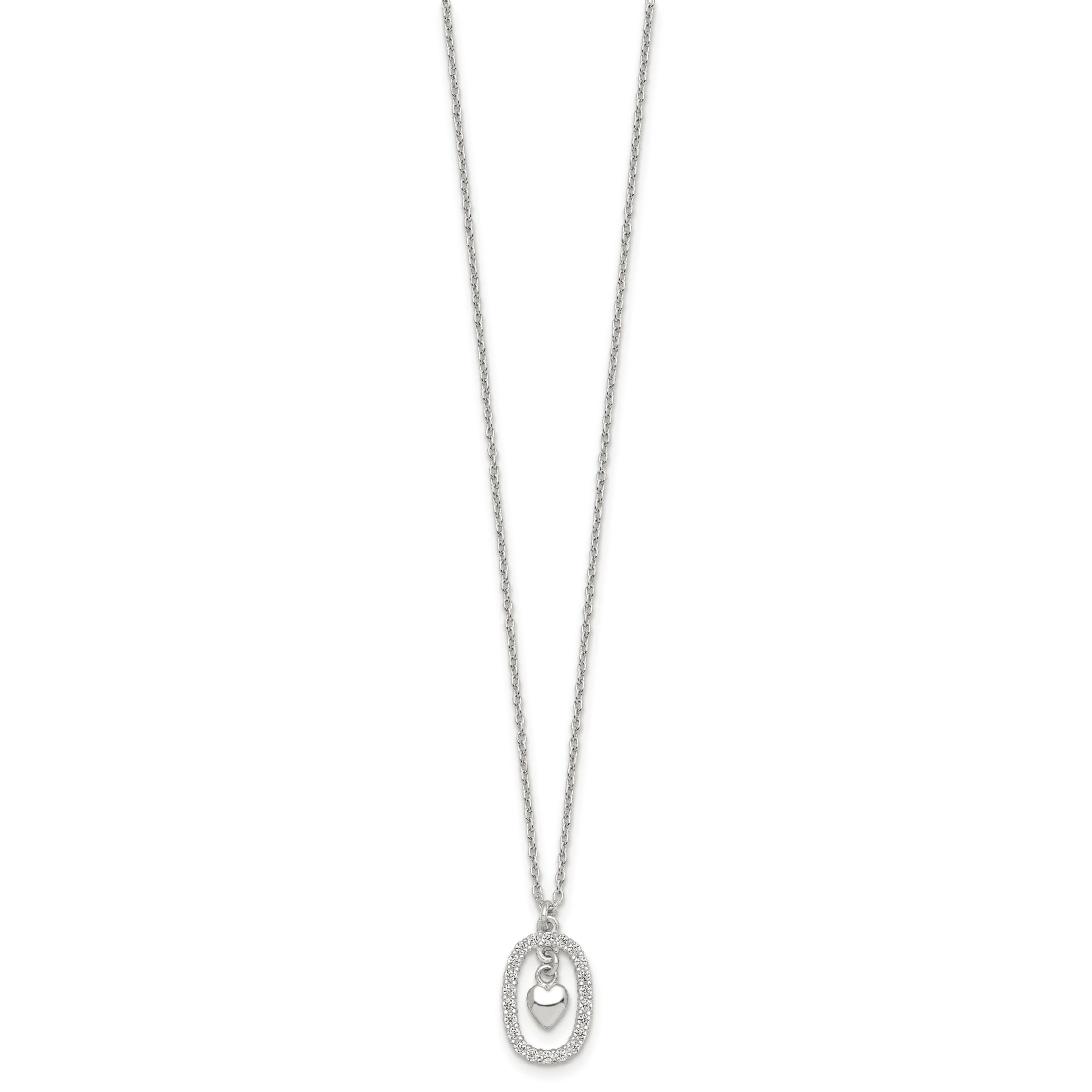 Sterling Silver Polished Cubic Zirconia Heart in Oval Necklace