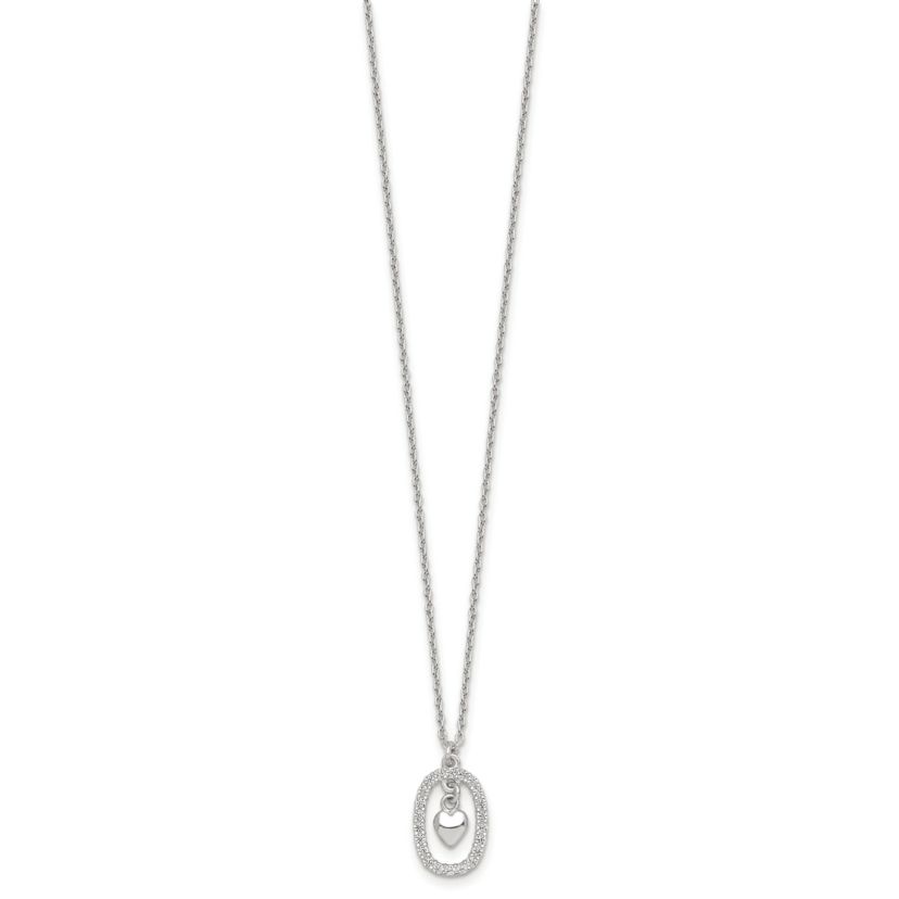 Sterling Silver Polished Cubic Zirconia Heart in Oval Necklace