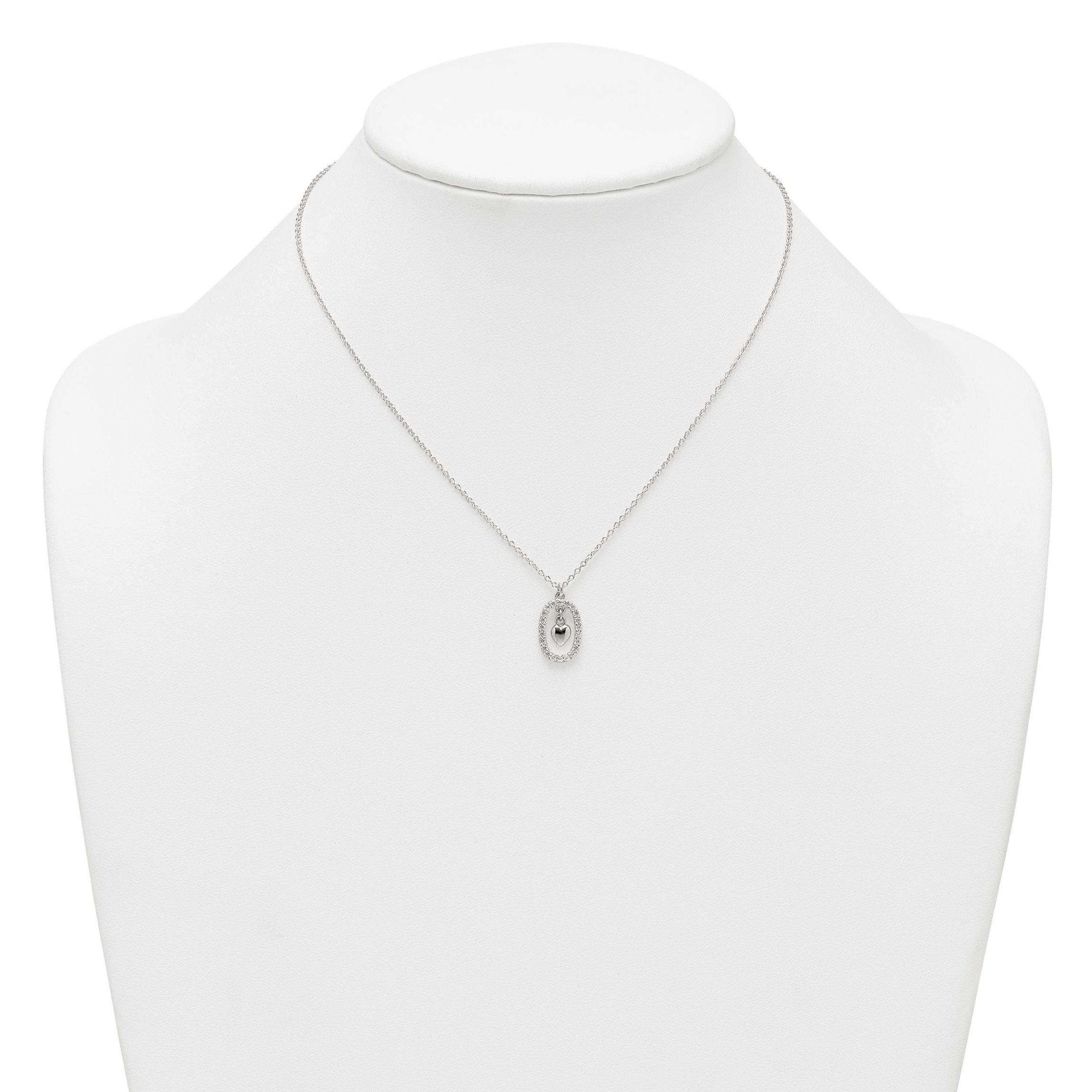 Sterling Silver Polished Cubic Zirconia Heart in Oval Necklace