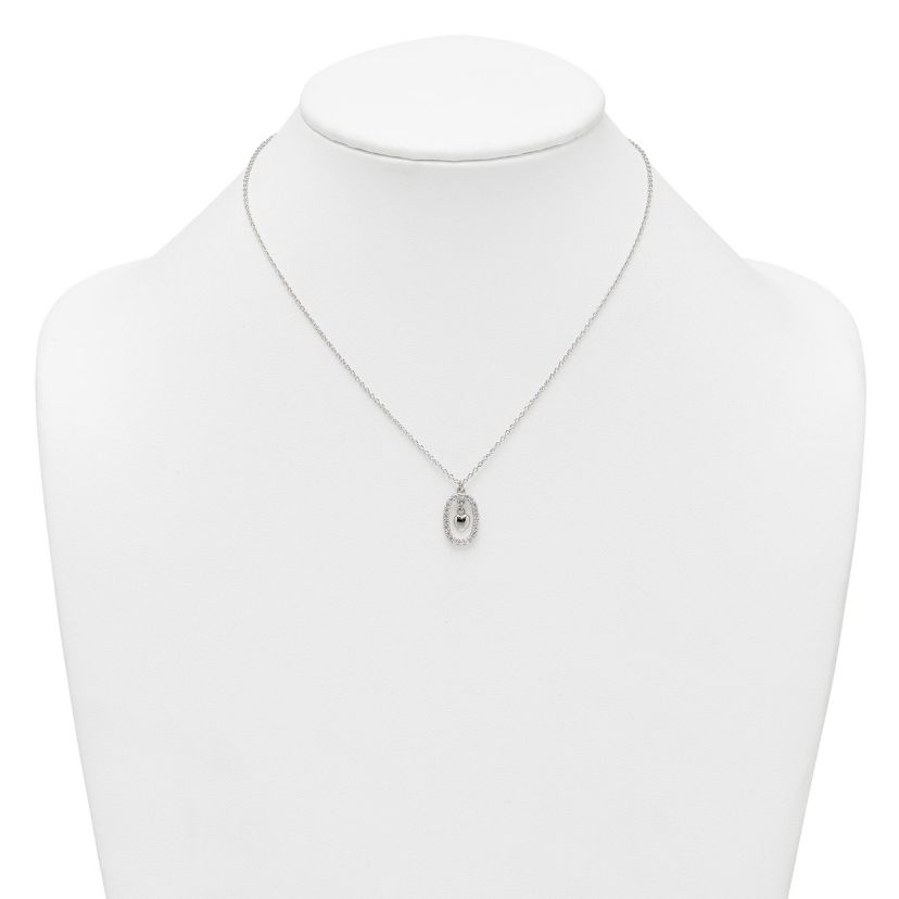 Sterling Silver Polished Cubic Zirconia Heart in Oval Necklace