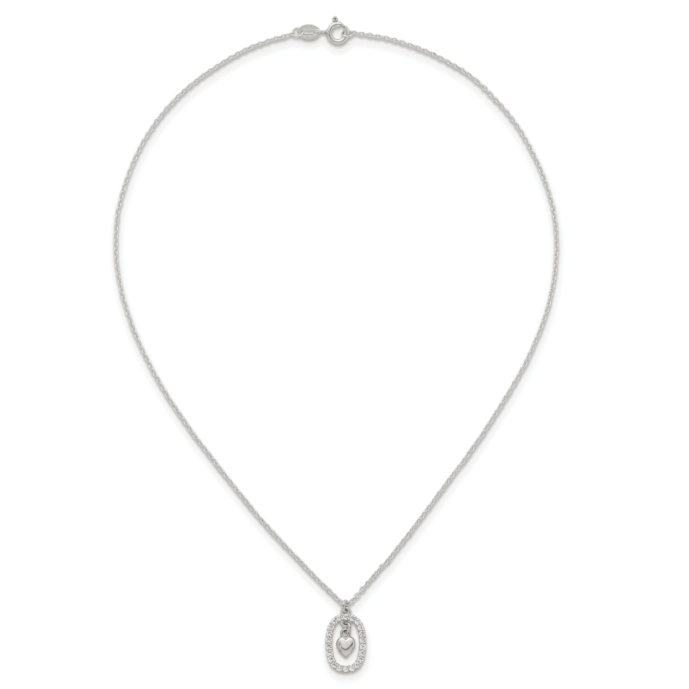 Sterling Silver Polished Cubic Zirconia Heart in Oval Necklace