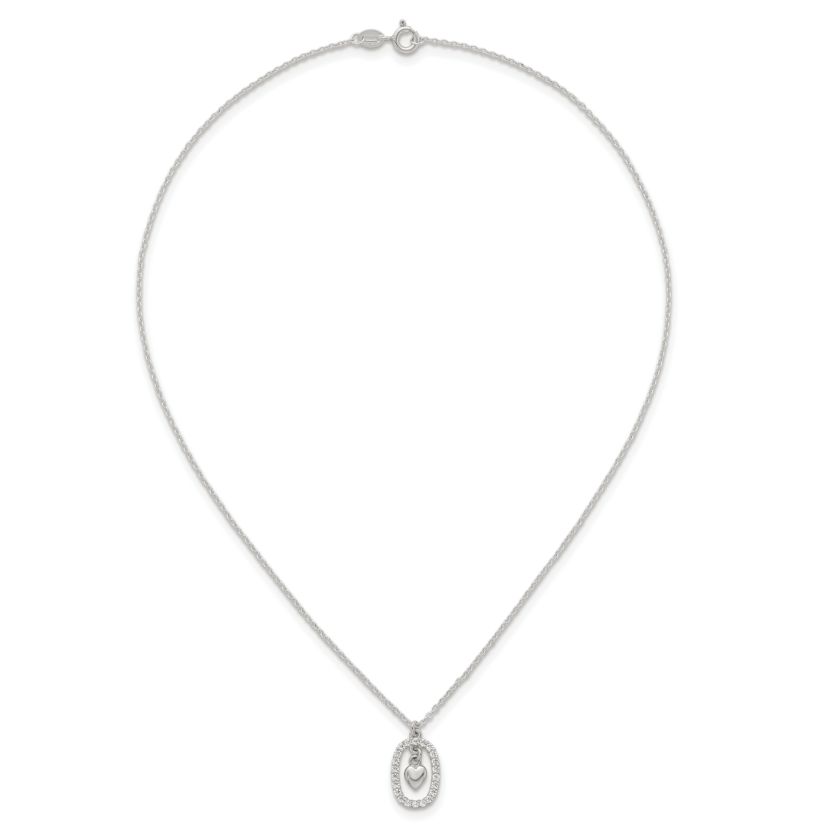 Sterling Silver Polished Cubic Zirconia Heart in Oval Necklace