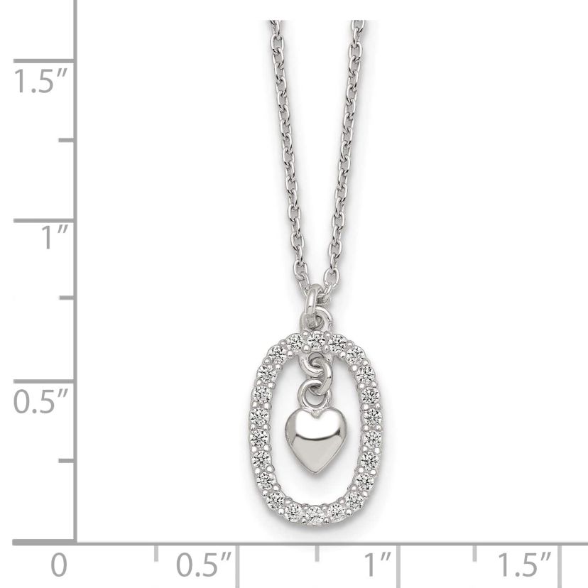 Sterling Silver Polished Cubic Zirconia Heart in Oval Necklace
