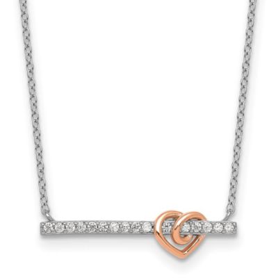 Belk & Co Sterling Silver and Rose-tone Cubic Zirconia Heart Bar 16-inch with 2-inch Extension Necklace, White, 16 in