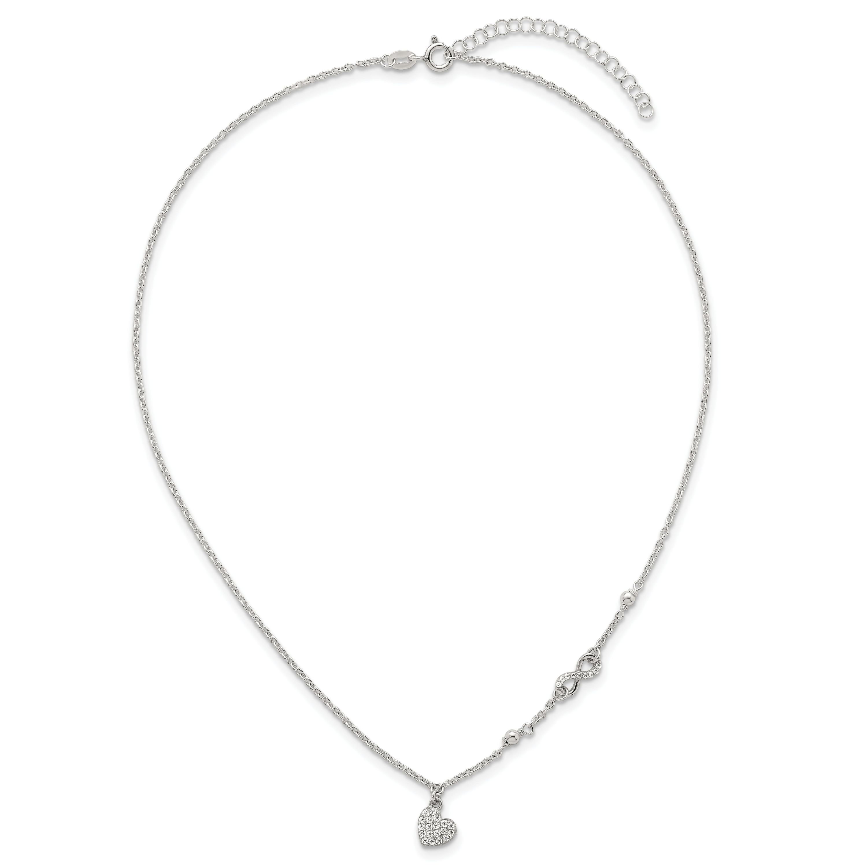 Sterling Silver Cubic Zirconia Infinity and Heart with 2-inch Extension Necklace