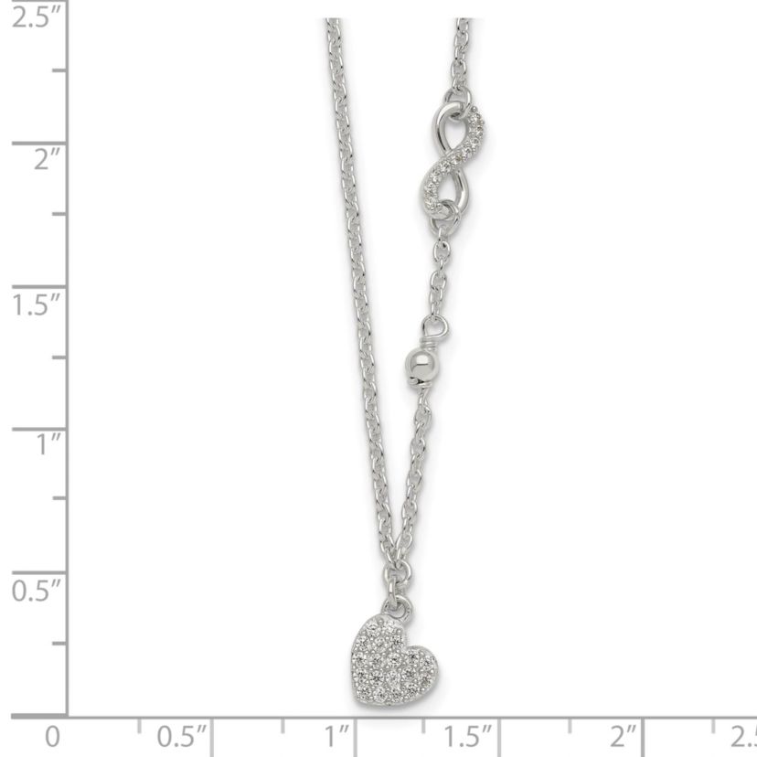 Sterling Silver Cubic Zirconia Infinity and Heart with 2-inch Extension Necklace