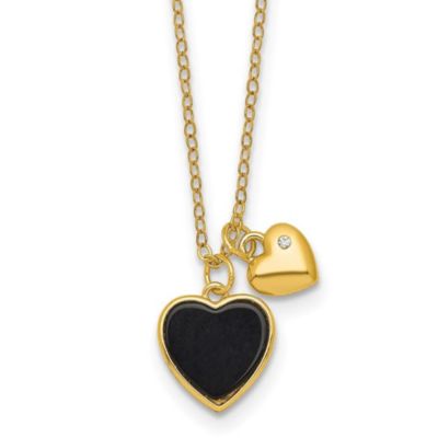 Luxury Giftware by Jere Sterling Silver Gold-tone Onyx Cubic Zirconia Hearts 14-inch with 3-inch Extension Children's Necklace