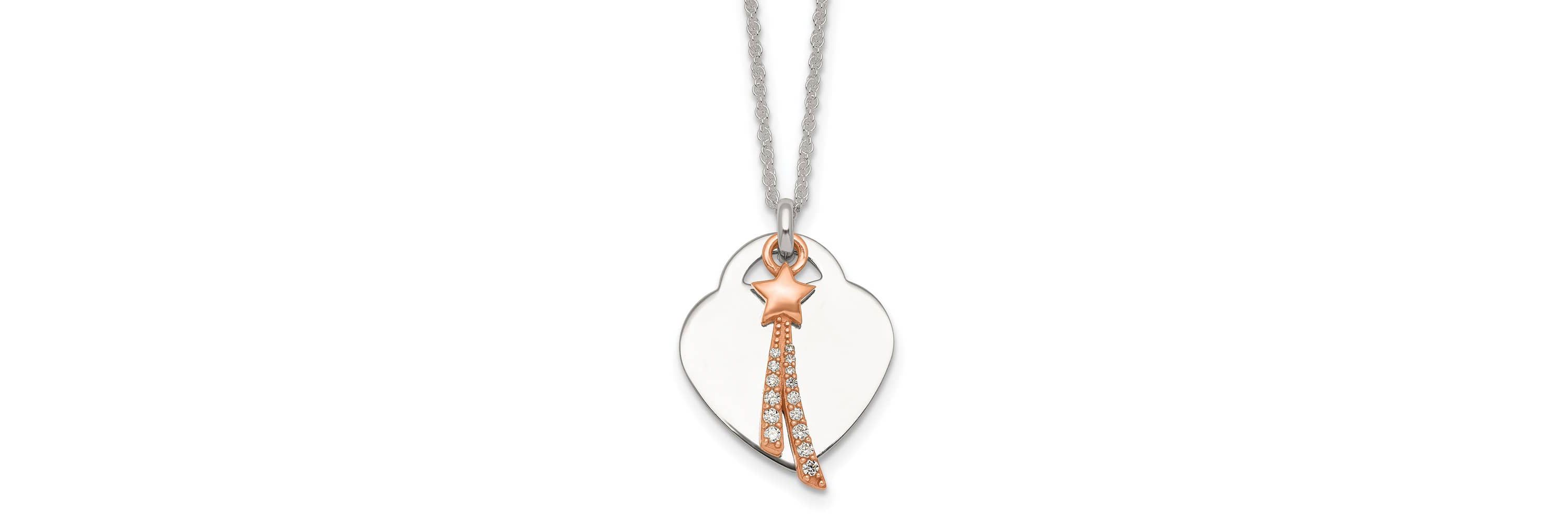 Sterling Silver Rose-tone Polished Cubic Zirconia Shooting Star and Heart Necklace