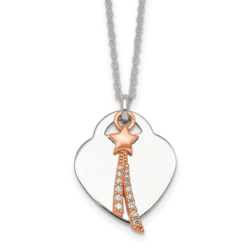 Sterling Silver Rose-tone Polished Cubic Zirconia Shooting Star and Heart Necklace