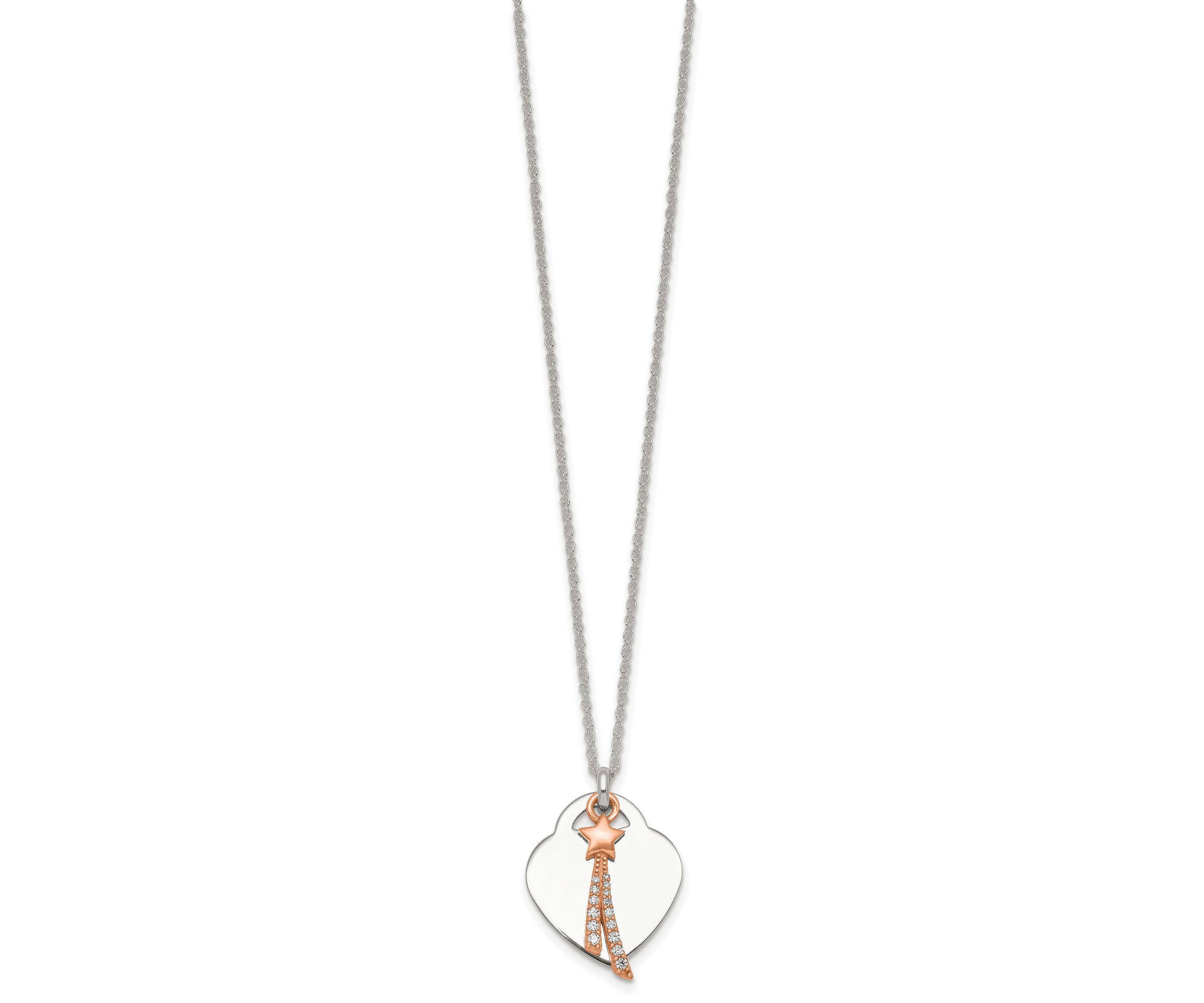 Sterling Silver Rose-tone Polished Cubic Zirconia Shooting Star and Heart Necklace