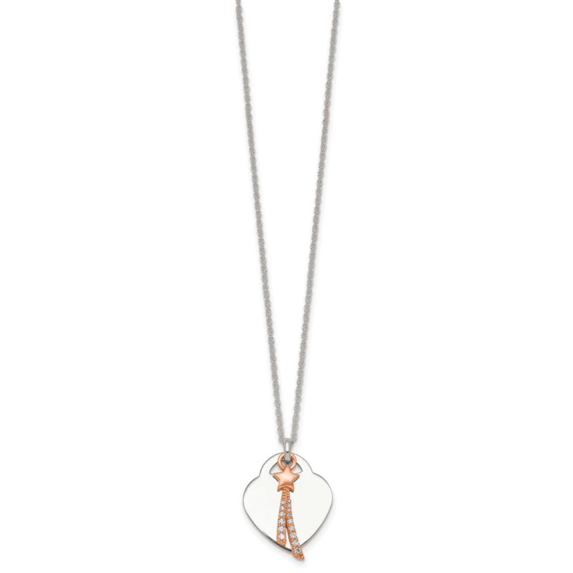 Sterling Silver Rose-tone Polished Cubic Zirconia Shooting Star and Heart Necklace