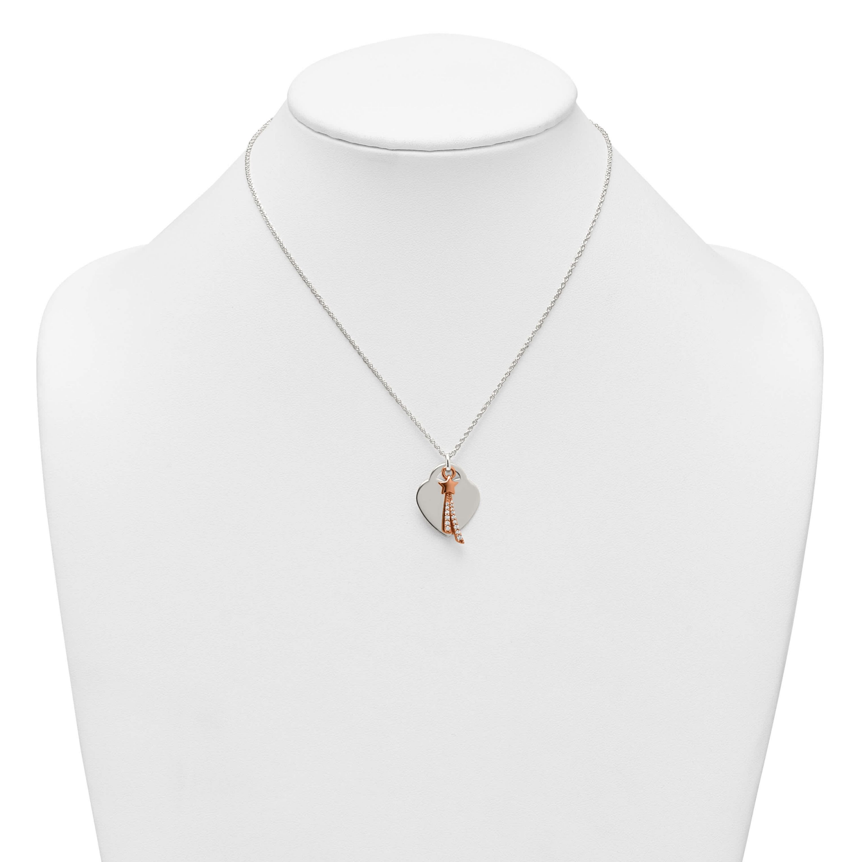 Sterling Silver Rose-tone Polished Cubic Zirconia Shooting Star and Heart Necklace