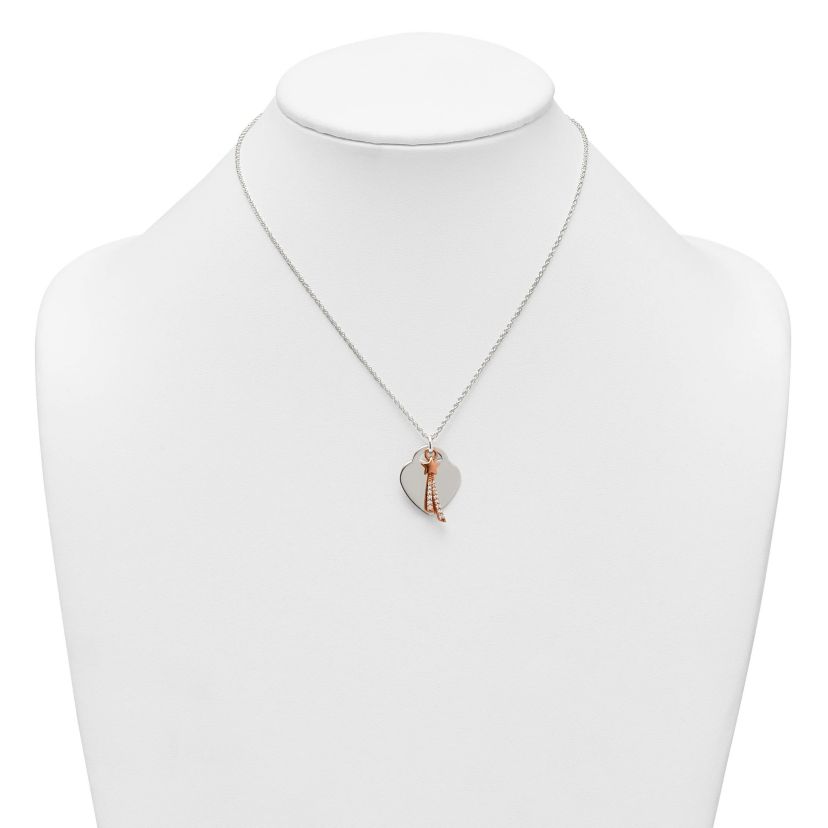 Sterling Silver Rose-tone Polished Cubic Zirconia Shooting Star and Heart Necklace
