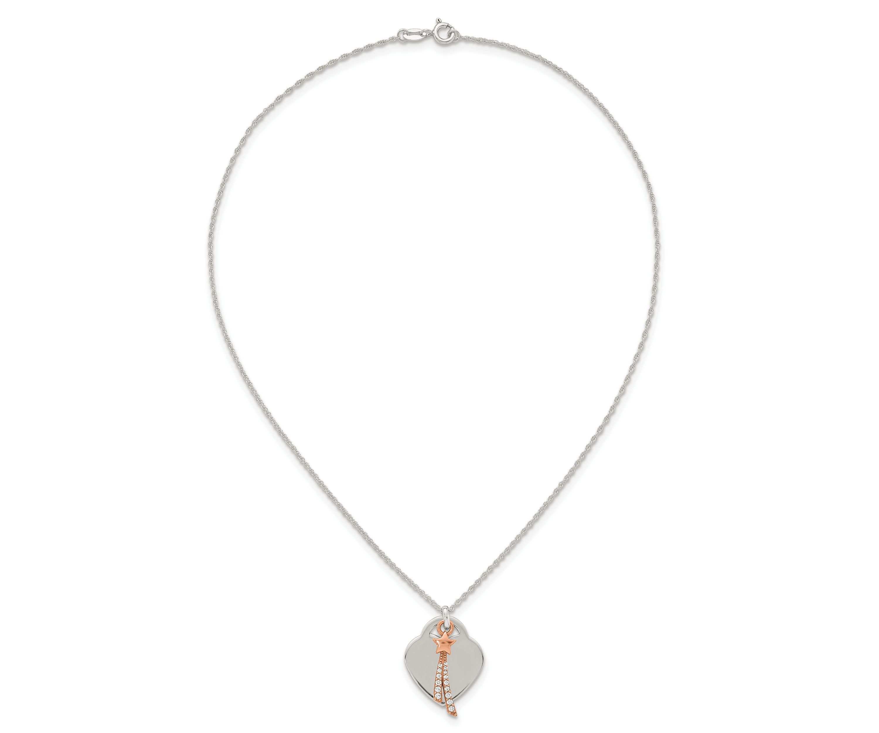 Sterling Silver Rose-tone Polished Cubic Zirconia Shooting Star and Heart Necklace