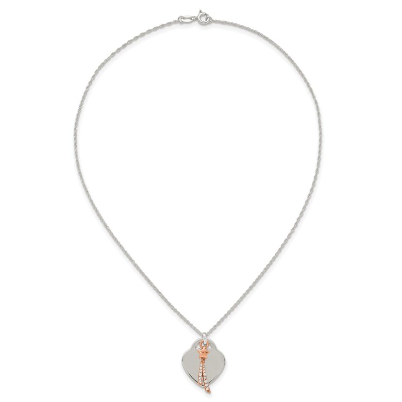 Sterling Silver Rose-tone Polished Cubic Zirconia Shooting Star and Heart Necklace