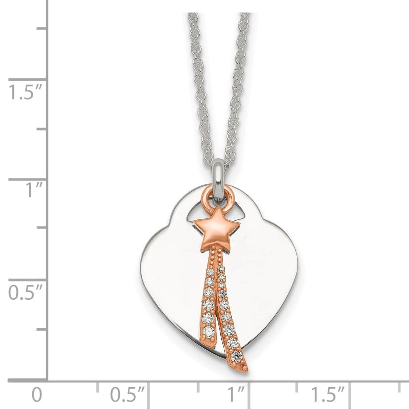 Sterling Silver Rose-tone Polished Cubic Zirconia Shooting Star and Heart Necklace
