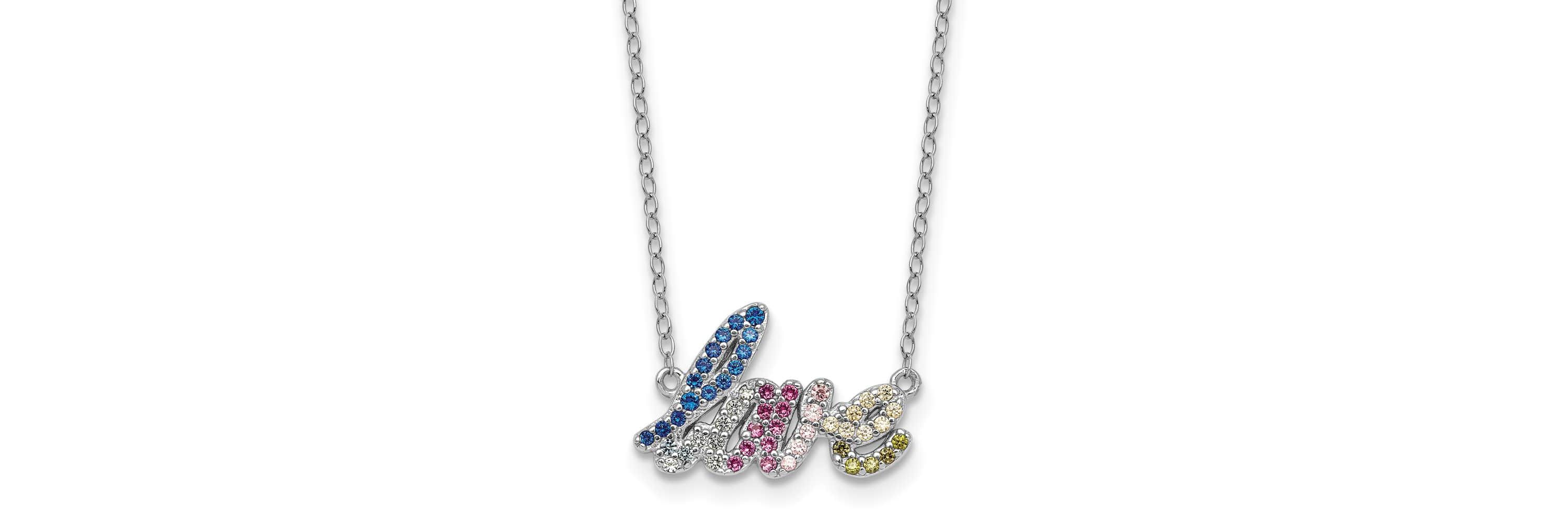 Sterling Silver Rhodium-plated Polished Multi-color Cubic Zirconia LOVE 16-inch with 2-inch Extension Necklace