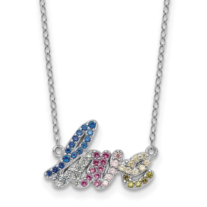Sterling Silver Rhodium-plated Polished Multi-color Cubic Zirconia LOVE 16-inch with 2-inch Extension Necklace