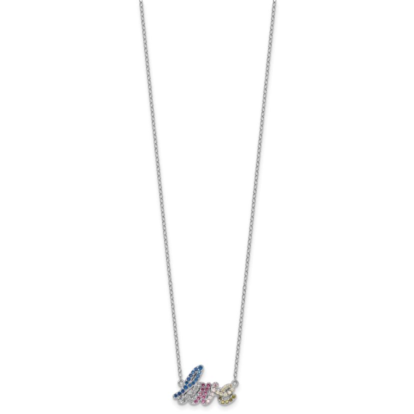 Sterling Silver Rhodium-plated Polished Multi-color Cubic Zirconia LOVE 16-inch with 2-inch Extension Necklace